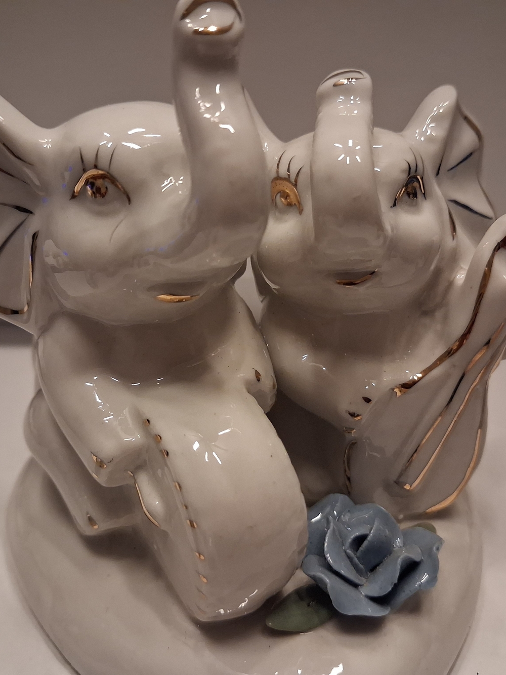 Ceramic Elephant Figurine Set in White with Blue Accents